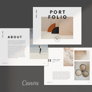 Puede incluir: Una presentaci&oacute;n de portafolio con el t&iacute;tulo "PORTFOLIO" y una foto de una mujer de pie en un desierto blanco. La p&aacute;gina siguiente muestra una foto de una escalera y un primer plano de tres contenedores redondos.