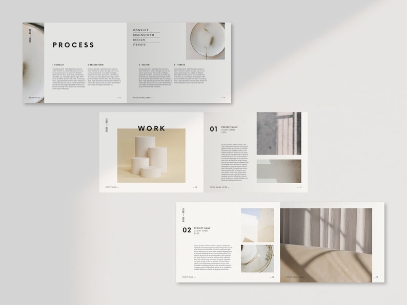 Puede incluir: Un portafolio blanco minimalista que muestra un proceso de dise&ntilde;o con las palabras "Consult, Brainstorm, Design, Iterate" y una selecci&oacute;n de trabajos con las palabras "Project Name" y "Client Name".