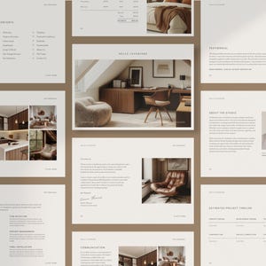 May include: A brochure for an interior design studio. The brochure features images of various rooms, including a living room, a bedroom, and a home office. The brochure also includes information about the studio's services, such as interior design, project management, and construction.