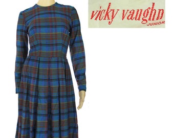 60s Vintage Vicky Vaughn Dress, Blue Tartan Plaid, Pleated Full Skirt, Junior Size 4/6