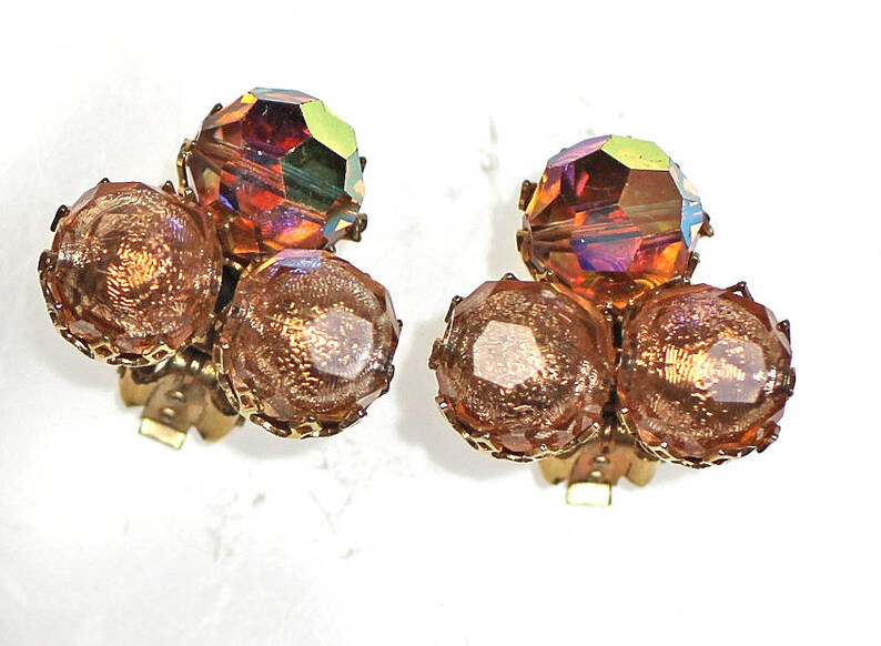 Vintage Brown Rhinestone Crystal Glass Necklace Earring Set Brown Rhinestone Rondelle Clip Earring Cased Gold Glass Smoked Topaz Crystal