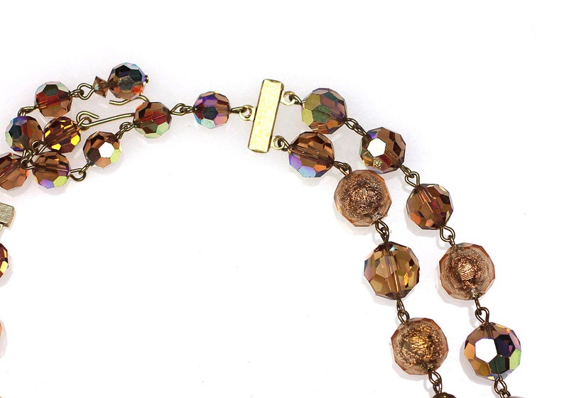 Vintage Brown Rhinestone Crystal Glass Necklace Earring Set Brown Rhinestone Rondelle Clip Earring Cased Gold Glass Smoked Topaz Crystal