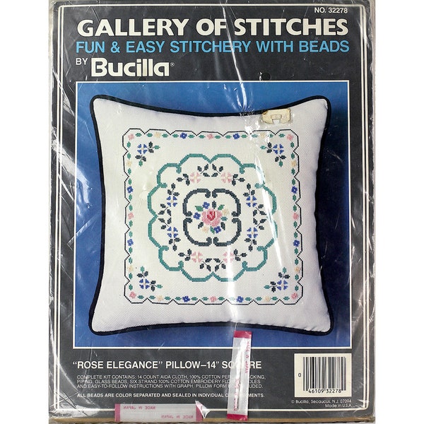 Vintage Bucilla Counted Bead Embroidery Kit 32278, Rose Elegance, 14" Pillow Kit, Cross Stitch Embroidery Kit