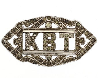 1920s Antique Art Deco Rhinestone Brooch, Vintage Rhinestone Pin, KBT Monogram Initials, Silver Metal