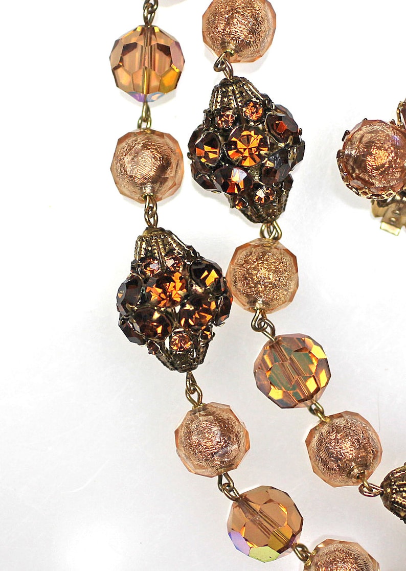 Vintage Brown Rhinestone Crystal Glass Necklace Earring Set Brown Rhinestone Rondelle Clip Earring Cased Gold Glass Smoked Topaz Crystal