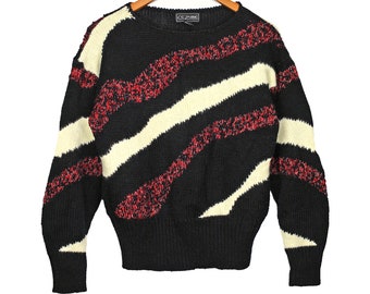 80s Vintage Pullover Sweater, Lurex Sparkle Stripe, Black White Red, Cezanne, Medium