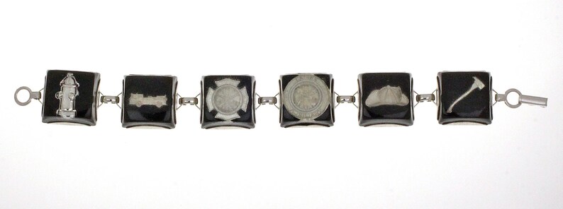 Fire Truck Fire Department Charms Vintage Lucite Silver Tone Medallion Black Hydrant Vintage Embedded Lucite Bracelet Axe Helmet