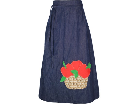 70s Vintage Dark Denim Wrap Skirt, Apple Basket Ap