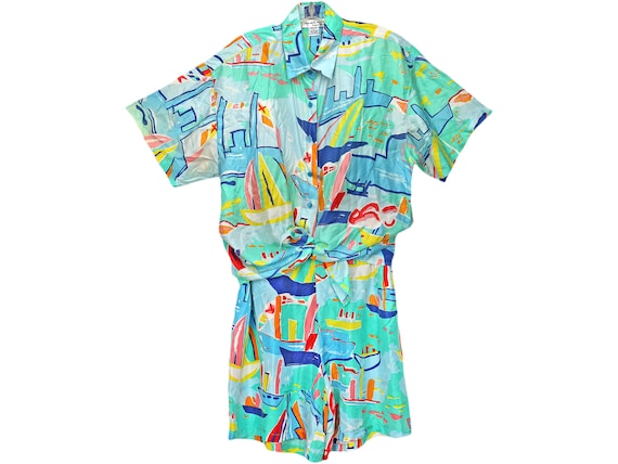 90s Vintage Silk Shorts Shirt Set, Oscar de la Ren