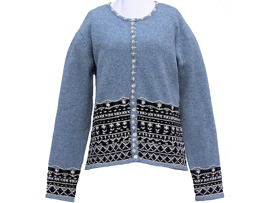 Vintage Talbots Sweater, Embroidered Blue Cardigan, 100% Wool ...