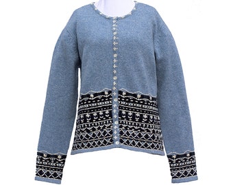 Vintage Talbots Sweater, Embroidered Blue Cardigan, 100% Wool, Lambswool, Cardigan Sweater, White Embroidery, Black Embroidery, Medium