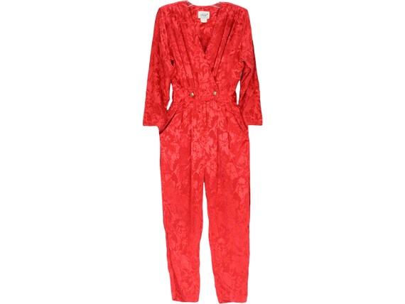 1980s Vintage Red Satin Damask Jumpsuit, Nubi Cali