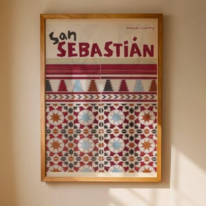 Piastrelle spagnole di San Sebastian / Poster di viaggio retrò / Arte murale vintage dei Paesi Baschi / Design moderno di metà secolo / Arredamento per la casa elegante