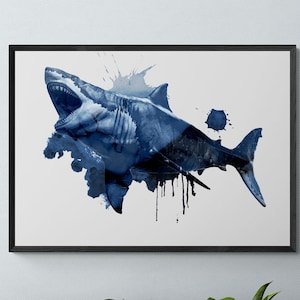 Megalodon - Shark Art Print, nautisch thema, kinderkamer woondecoratie, de Meg, oceaanontwerp, moderne kinderslaapkamer, aquarelstijl