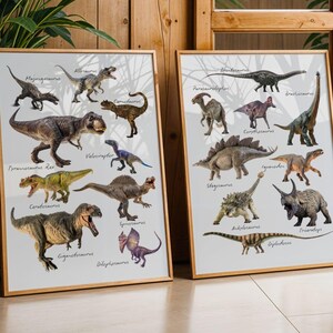 Dinosaurussen - set van 2 kunstafdrukken | Carnivoren en herbivoren | Tyrannosaurus Rex | Velociraptor | Stegosaurus | Triceratopen | Kinderkamer afbeelding 5