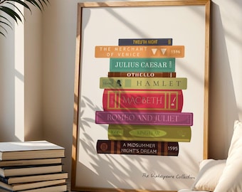 May include: A framed print featuring a stack of colorful books with titles like "Hamlet" and "Romeo and Juliet." The print is in a wooden frame and is leaning against a wall. The text "The Shakespeare Collection" is at the bottom.