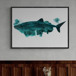 Walvishaai - Art Print, nautisch thema, kinderkamer woondecoratie, oceaan minimalistisch ontwerp, moderne kinderslaapkamer, aquarelstijl