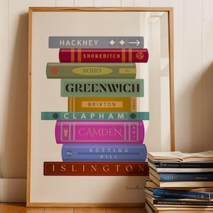 London Book Stack Print | Shoreditch Camden Hackney Notting Hill Typography Wall Art | Trendy London Neighbourhoods Gift | UK City Décor