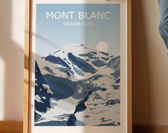 Mont Blanc Art Print, Highest Alps Peak Landscape, The Alpine Big 3, Travel Poster,Hiking Gift, Mountain Climbing, Italy Graian Alps