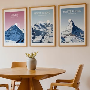 The Alpine Big Three -  Set Of 3 Art Prints - Mont Blanc, Matterhorn, Eiger,Landscape Art, Alps Three Peaks Challenge,Travel Poster,Hiking
