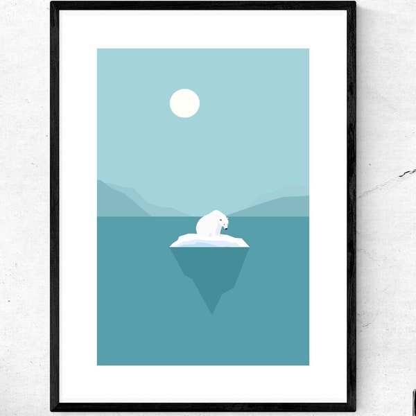 Polar Bear Arctic Iceberg Paysage Art Print, Scène de neige, Animal Home Decor, Îles flottantes, The Great Outdoors