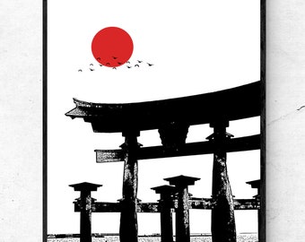 Japanisches Torii Tor Moderne Wandkunst, Japan, Minimalist Art Print, Wohnzimmer Home Decor, Landschaft, Schwarz Und Weiß, Itsukushima Schrein