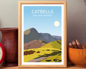 Catbells Art Print, The Lake District Landscape,  National Park, Cumbria, Travel Poster, Adventure Gift Idea, Fell Walking, Hiking Moutains