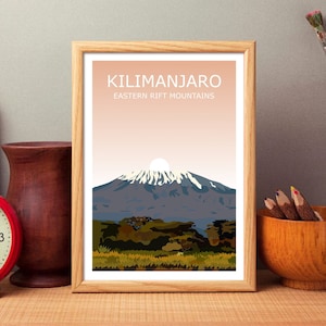 DESCARGA DIGITAL - Arte imprimible del Monte Kilimanjaro, paisaje de pico más alto de África, montañas del Rift oriental, cartel de viaje, regalo de senderismo