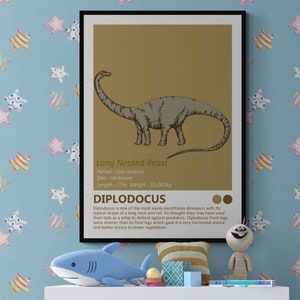 DIGITALE DOWNLOAD - Diplodocus - Dinosaur Fact Sheet Afdrukbare kunst, Jurassic Kids Room Home Decor, Little Foot Dino Minimalistisch Design