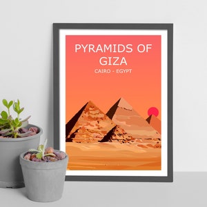 Piramidi di Giza Tramonto Arte Stampa Paesaggio, Poster di viaggio, La Grande Piramide, Regalo Avventura, 7 Meraviglie del Mondo Antico, Cairo Egitto