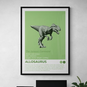 Allosaurus - Dinosaur Fact Sheet Art Print, Jurassic Kids Room Home Decor, Dino Minimalistisch Design, Moderne Kinderslaapkamer, Office Poster