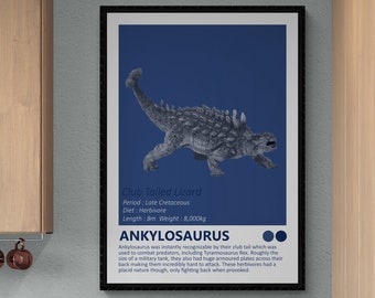 Ankylosaurus - Dinosaur Fact Sheet Art Print, Jurassic Kids Room Home Decor, Club Tailed Dino Minimalist Design, Modern Children's Bedroom
