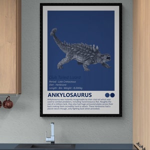 Ankylosaurus - Dinosaur Fact Sheet Art Print, Jurassic Kids Room Home Decor, Club Tailed Dino Minimalistisch Design, Moderne Kinderslaapkamer