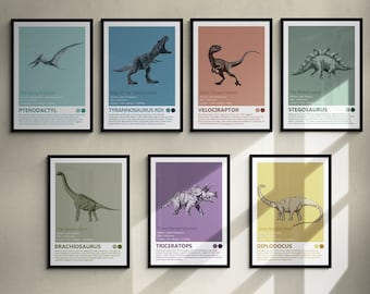Dinosaurs Gallery Wall Art Print Set - Tyrannosaurus Rex, Velociraptor, Pterodactyl, Stegosaurus, Triceratops, Brachiosaurus, Diplodocus