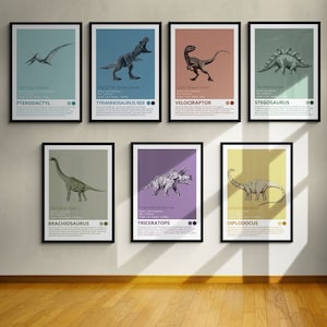 Dinosaurs Gallery Wall Art Print Set - Tyrannosaurus Rex, Velociraptor, Pterodactyl, Stegosaurus, Triceratops, Brachiosaurus, Diplodocus