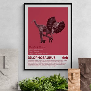 Dilophosaurus - Dinosaur Fact Sheet Art Print, Jurassic Kids Room Home Decor, Poison Dino Minimalistisch Design, Moderne Kinderslaapkamer