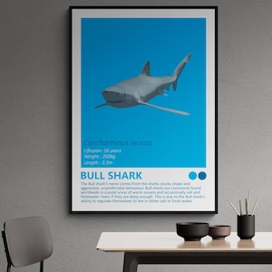 Bull Shark - Fact Sheet Art Print, Nautisch thema, Kinderkamer Home Decor, Oceaan Minimalistisch Design, Moderne Kinderslaapkamer