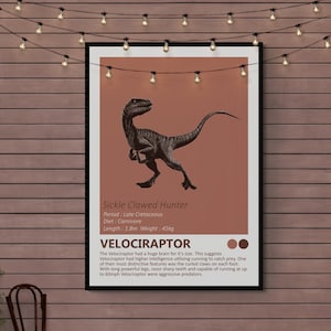 DIGITALE DOWNLOAD - Velociraptor - Dinosaur Fact Sheet Afdrukbare kunst, Jurassic Kids Room Home Decor, Raptor Dino Minimalistisch Design