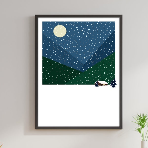 Cabin In The Mountains - Snow Scene Landscape Art Print, Dark Woods, Moonlight Snowstorm, Winter Hiking Cottage, Snow Covered Trees