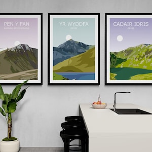Welsh Three Peaks Set Of 3 Art Prints | Yr Wyddfa | Pen Y Fan | Cadair Idris Landscape Art,Three Peaks Challenge| Travel Poster, Hiking Gift