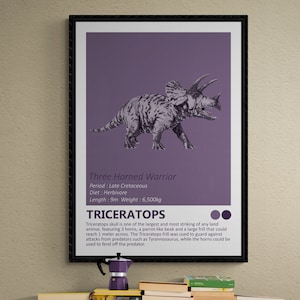 DIGITALE DOWNLOAD - Triceratops - Dinosaur Fact Sheet Afdrukbare kunst, Jurassic Kids Room Home Decor, Gehoornde Dino Minimalistisch Design