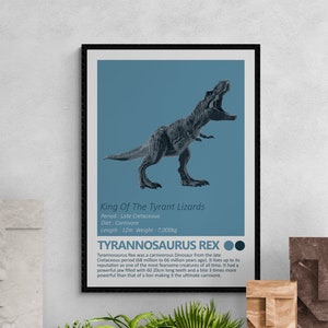 DIGITALE DOWNLOAD - Tyrannosaurus Rex - Dinosaur Fact Sheet Afdrukbare kunst, Jurassic Kids Room Home Decor, T-Rex Dino Minimalistisch Design