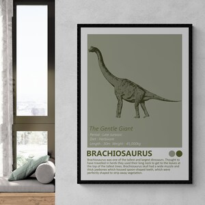 DIGITALE DOWNLOAD - Brachiosaurus - Dinosaur Fact Sheet Afdrukbare kunst, Jurassic Kids Room Home Decor, Giant Dino Minimalistisch Design