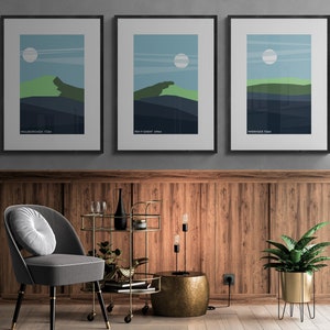 Yorkshire Three Peaks Challenge - Set Of 3 Art Prints - Whernside, Ingleborough, Pen-Y-Ghent, Minimalist Landscape Art, Travel Poster,Hiking
