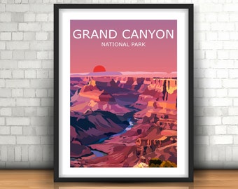 Impresión del arte de la puesta del sol del Parque Nacional del Gran Cañón, paisaje, río Colorado, cartel de viaje, regalo de senderismo, desierto de Arizona, meseta de Colorado, caminar