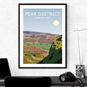 The Peak District Landscape Art Print, Parque Nacional del Reino Unido, Hope Valley, Cartel de viaje, Idea de regalo de aventura, Senderismo salvaje Gran Bretaña, Derbyshire