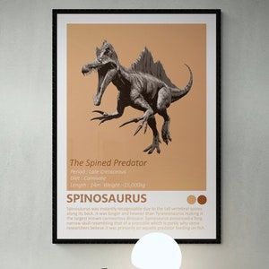DIGITALE DOWNLOAD - Spinosaurus - dinosaurus factsheet afdrukbare kunst, Jurassic kinderkamer woondecoratie, roofdier, dinosaurus minimalistisch ontwerp