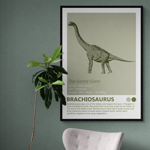 Brachiosaurus - Dinosaur Fact Sheet Art Print, Jurassic Kids Room Home Decor, Giant Dino minimalistisch design, moderne kinderslaapkamer