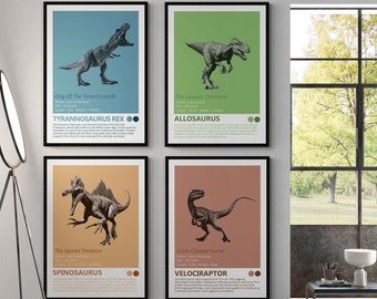 Dinosaurs - Predator Series - Set Of 4 Art Prints - Tyrannosaurus Rex, Velociraptor, Allosaurus, Spinosaurus, Dino Facts, Kids Bedroom Decor