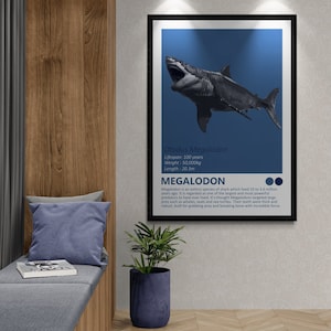 Megalodon - Shark Fact Sheet Art Print, Nautisch thema, Kinderkamer Home Decor, The Meg, Ocean Minimalistisch Design, Moderne Kinderslaapkamer
